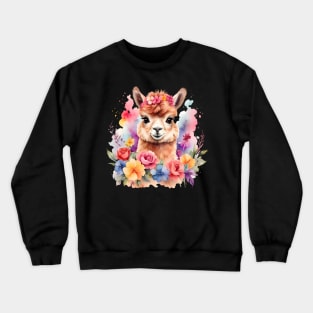 An alpaca decorated with beautiful watercolor flowers Crewneck Sweatshirt